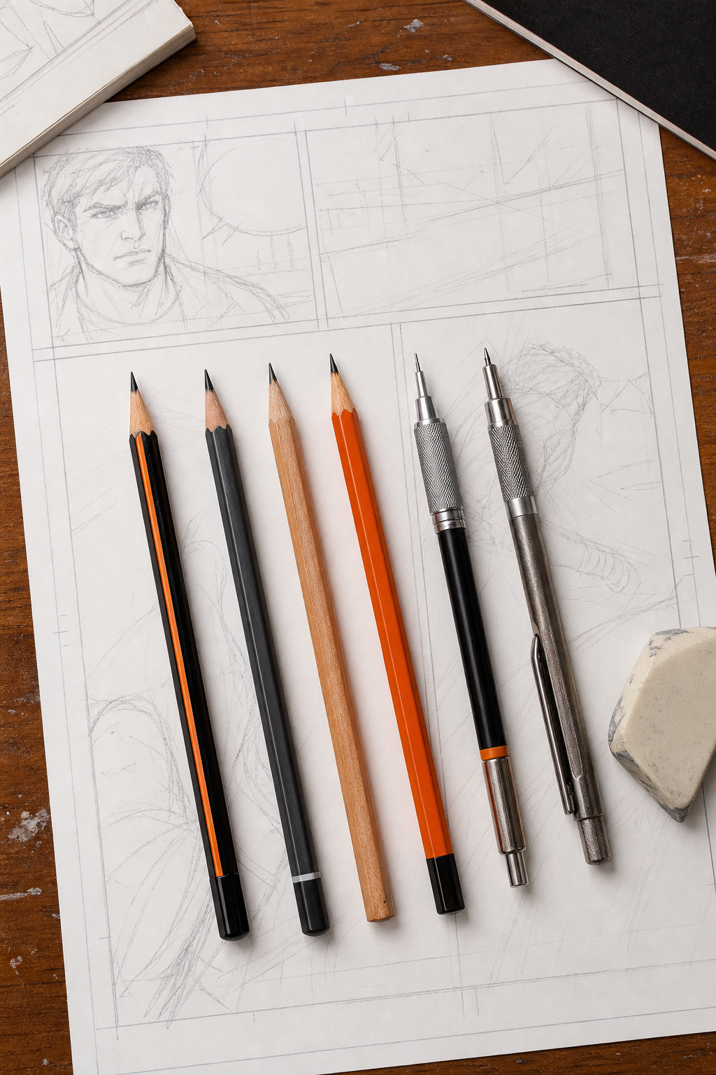 A realistic flat-lay photograph showing four sharpened graphite pencils of different types, a mechanical pencil, a clutch pencil, and two wood-cased pencils, arranged on a white comic art board with handwritten panel guidelines visible. Alt: comparison of drawing pencils for comic lettering on comic art paper.