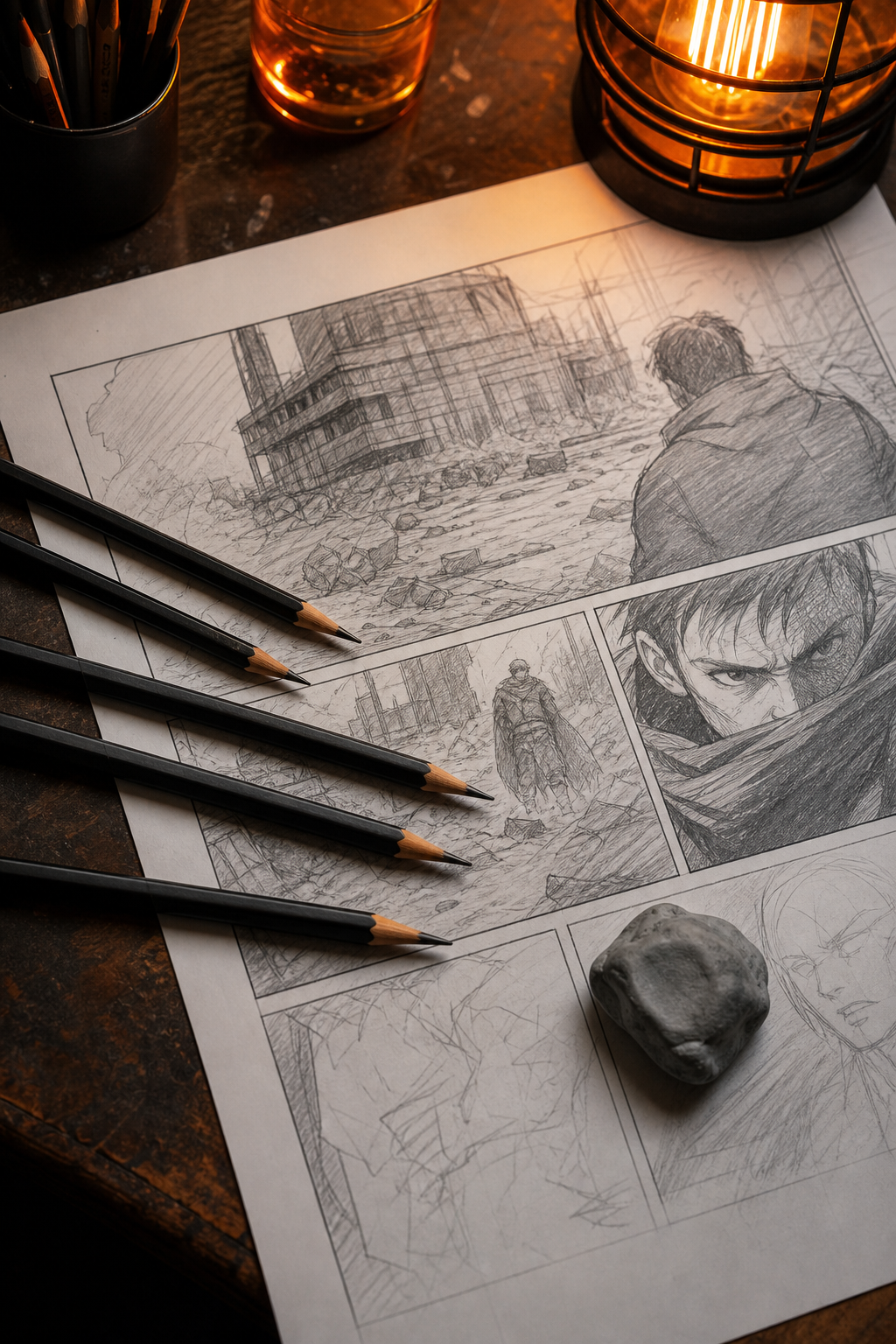 A photorealistic overhead scene of a comic artist's desk with several graphite pencils, a partially shaded comic panel on white bristol board, a kneaded eraser, and warm orange accent lighting. Alt: best drawing pencils for comic panel shading laid out on an artist's desk.