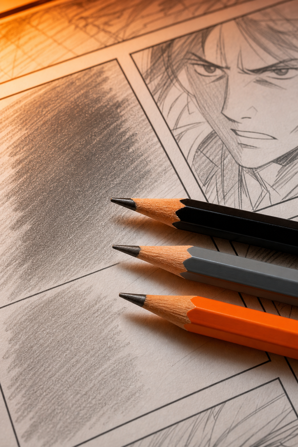 A close-up realism-style photograph of three sharpened graphite pencils from different brands resting on a partially shaded comic panel, showing varying tones of grey graphite marks on white paper, with warm orange background lighting. Alt: comparing drawing pencils for comic panel shading across top brands.
