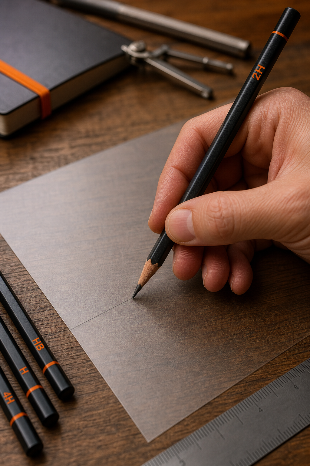 A close-up of a hand holding a mechanical pencil drawing precise lines on a translucent acetate sheet, with a ruler visible, realistic style. Alt: Close-up of mechanical pencil drafting lines on acetate film