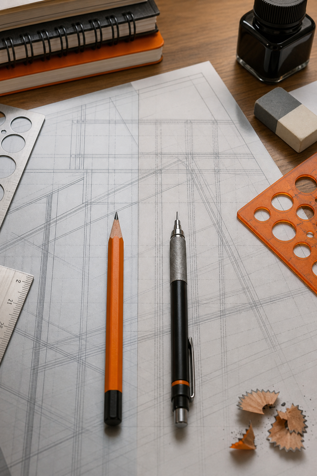 A split view showing a wooden pencil and a mechanical pencil both resting on a sheet of acetate with lines drawn, realistic style. Alt: Comparison of wooden and mechanical pencils on acetate film
