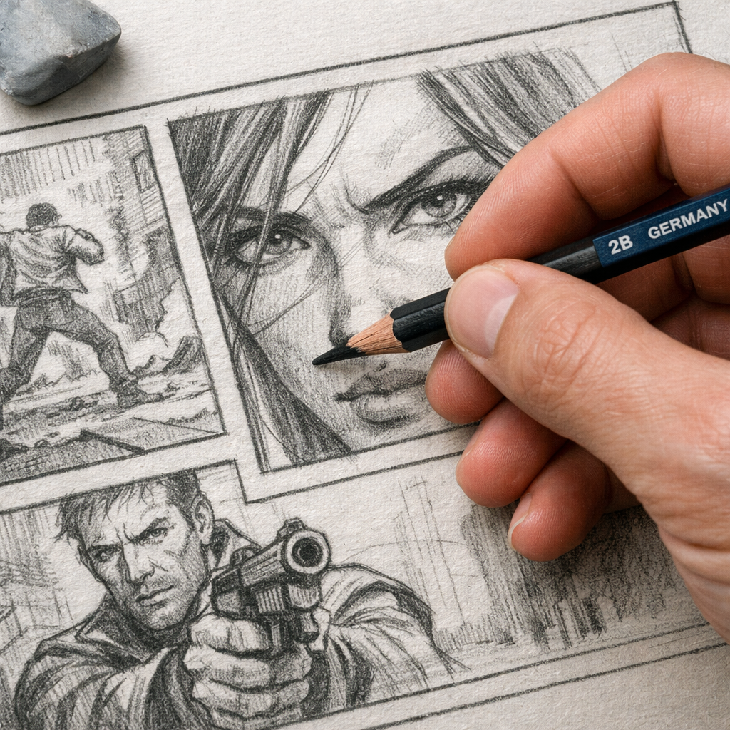 A realistic close‑up of a hand sketching a comic panel with a graphite pencil, showing smooth strokes on textured paper. Alt: best drawing pencils for graphic novels illustration