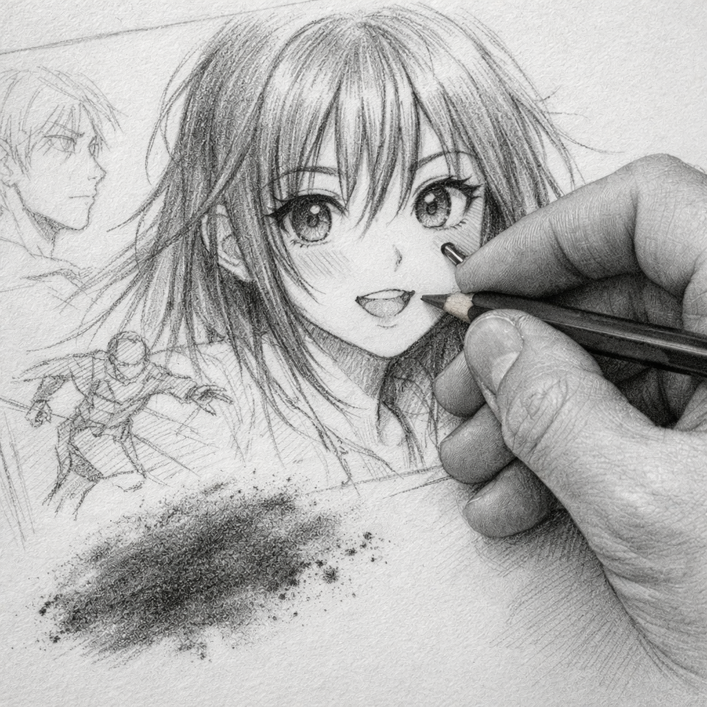 A realistic sketch of a manga artist’s hand holding a classic wooden pencil, soft shading on paper, close‑up view of graphite smudge. Alt: manga sketching with graphite pencil