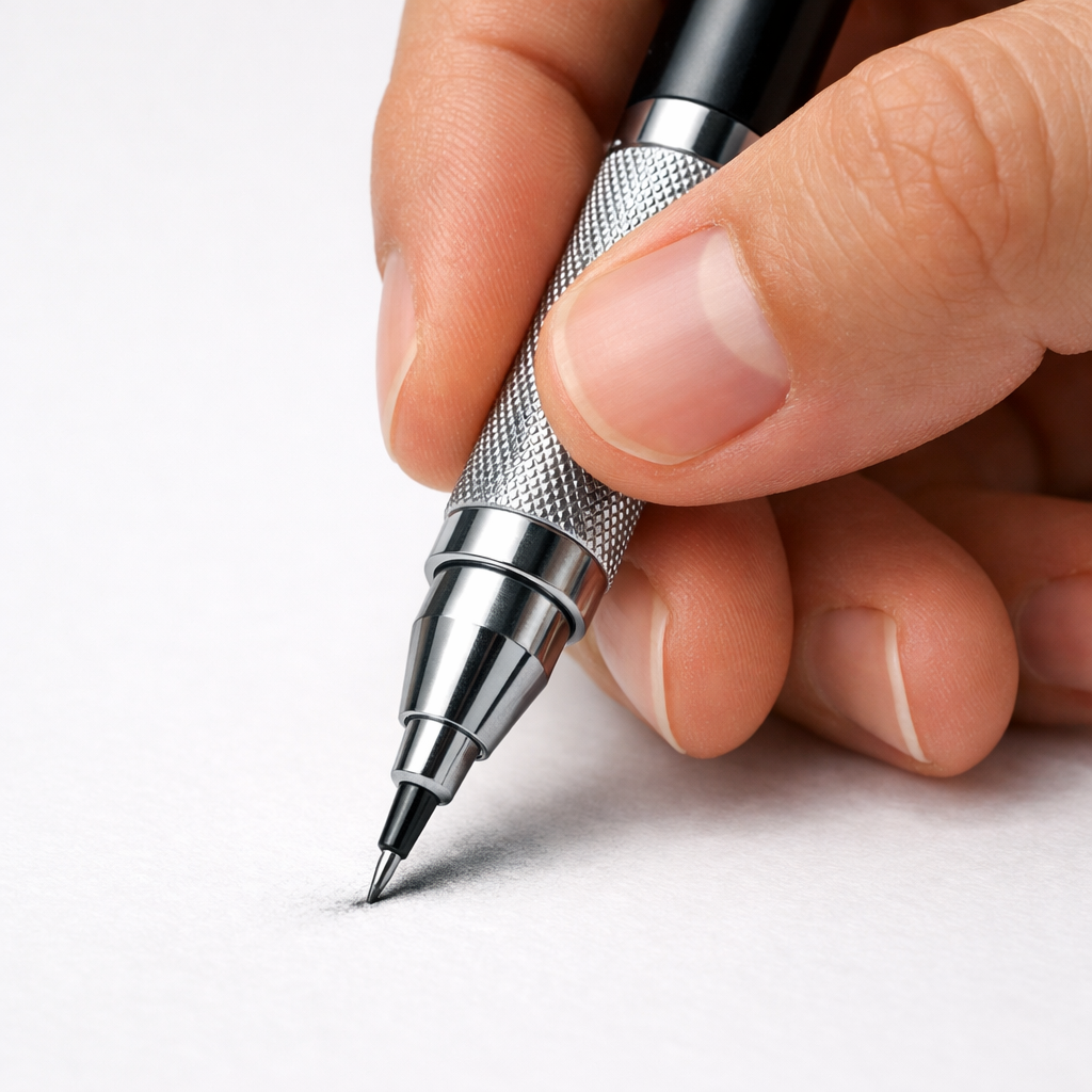 A realistic close‑up of a hand holding a mechanical pencil, smooth metal grip, lead tip touching paper, soft shading around the tip. Alt: mechanical pencil for manga drawing
