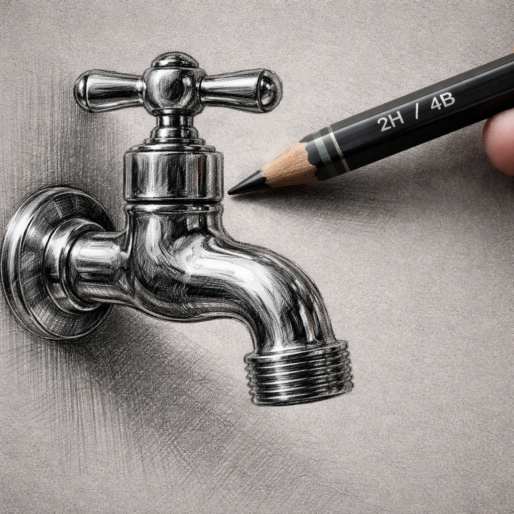 A photorealistic close‑up of a double‑ended 2H / 4B pencil drawing a metal faucet on gray toned paper, showing bright highlights and deep shadows. Alt: best drawing pencils for metal texture shading