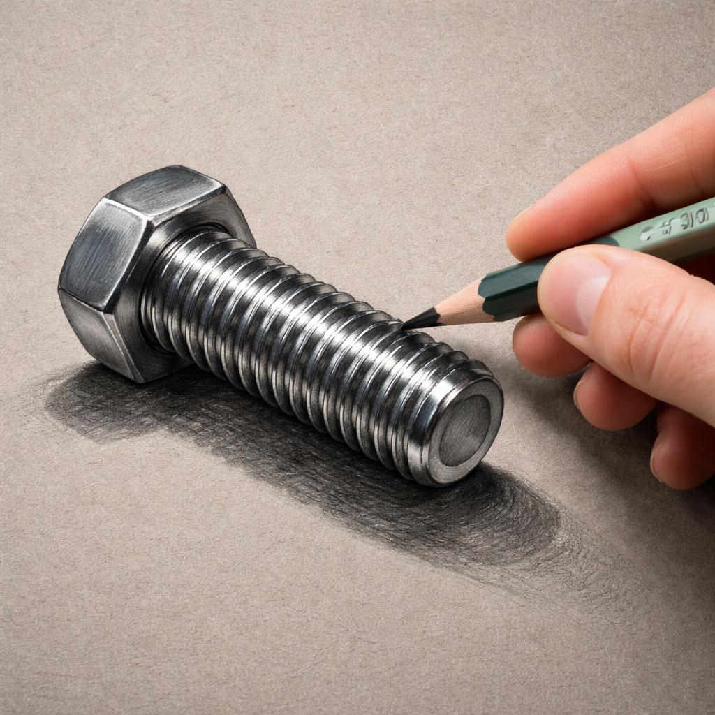 A photorealistic close‑up of a hand holding a double‑ended 2H / 4B pencil, drawing a shiny metal bolt on gray toned paper. The highlight line is crisp, the mid‑tone smooth, and the shadow deep. Alt: realistic metal texture shading with pencils