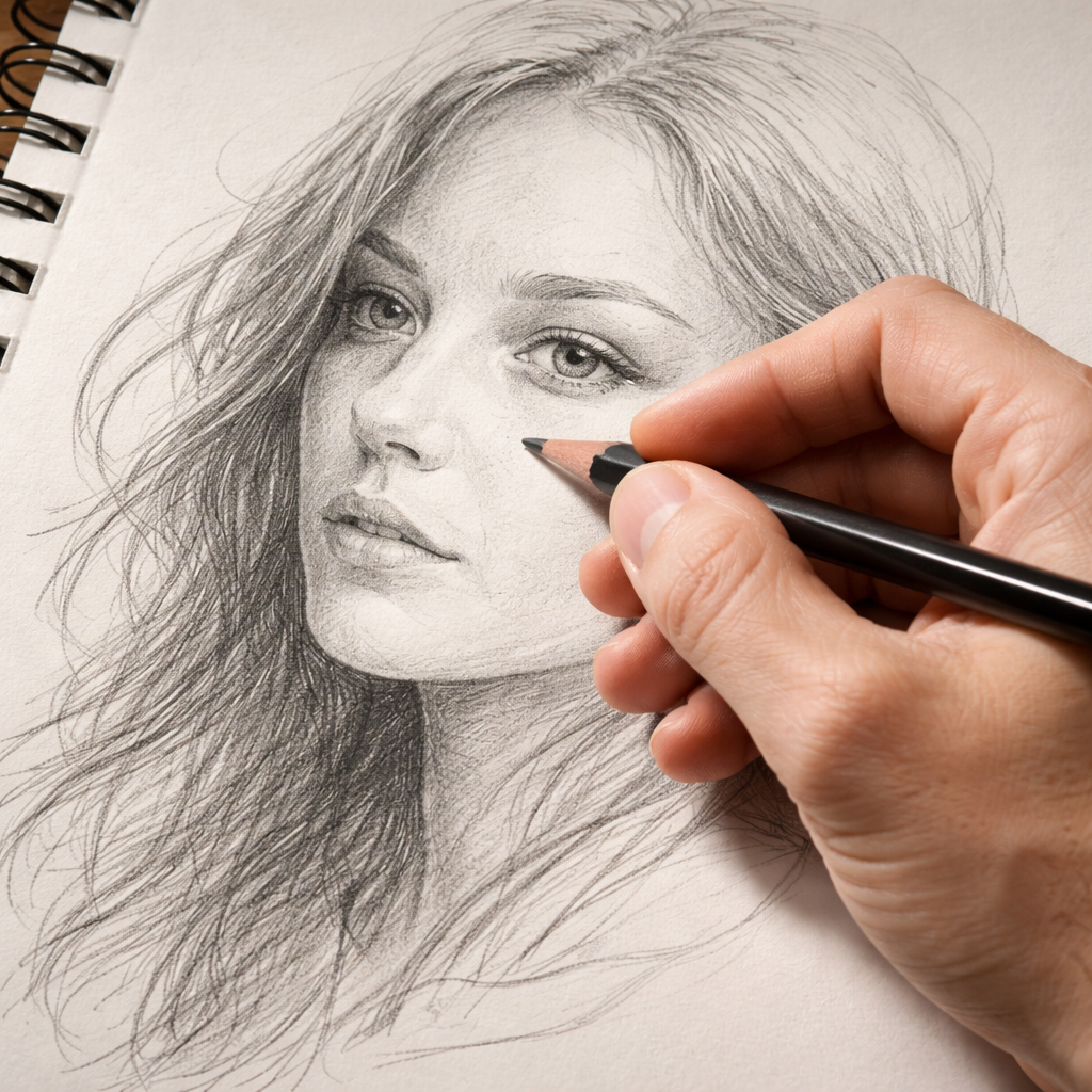 A realistic close‑up of a wooden artist’s hand holding a sharpened graphite pencil, soft shadows on a sketchbook page, realism style, alt: portrait sketching with a hard pencil