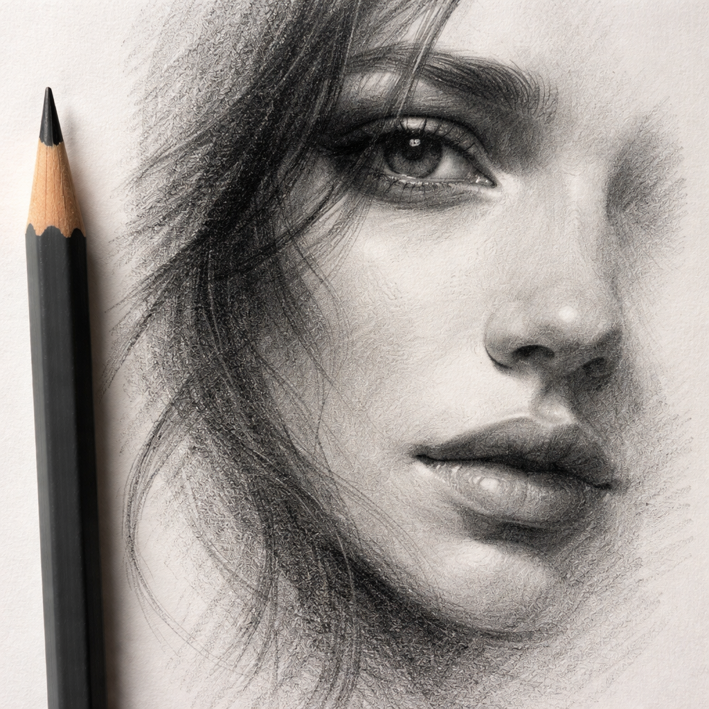 A photorealistic view of a graphite pencil beside a sketch of a face, soft shading visible, realism style, alt: soft pencil creating deep portrait shadows