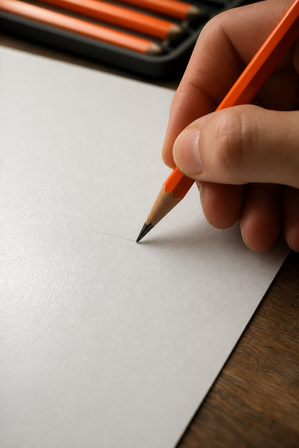 A close-up, realistic photo of a hand holding a graphite pencil resting on a sheet of hot press watercolor paper, showing the smooth, almost glossy surface with a faint pencil line. Alt: smooth surface of hot press watercolor paper for pencil sketching