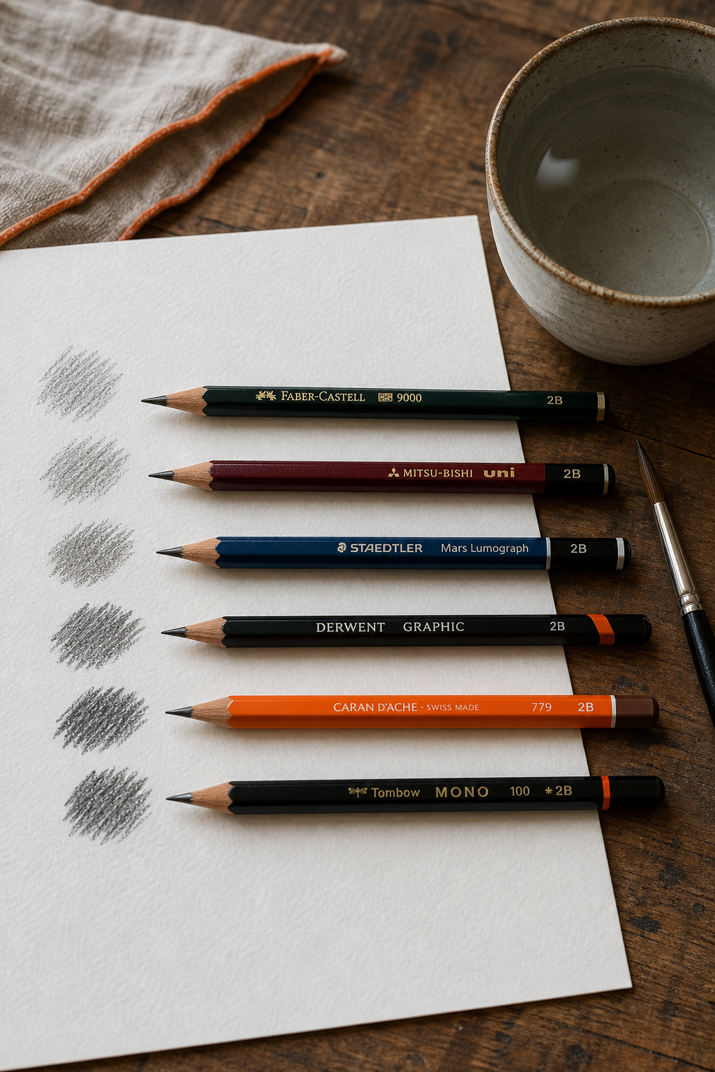 A realistic top-down photo of six different drawing pencils (various brands and colors) lying on a sheet of hot press watercolor paper, with a small watercolor brush and a cup of water nearby. Alt: testing different drawing pencil brands on hot press watercolor paper