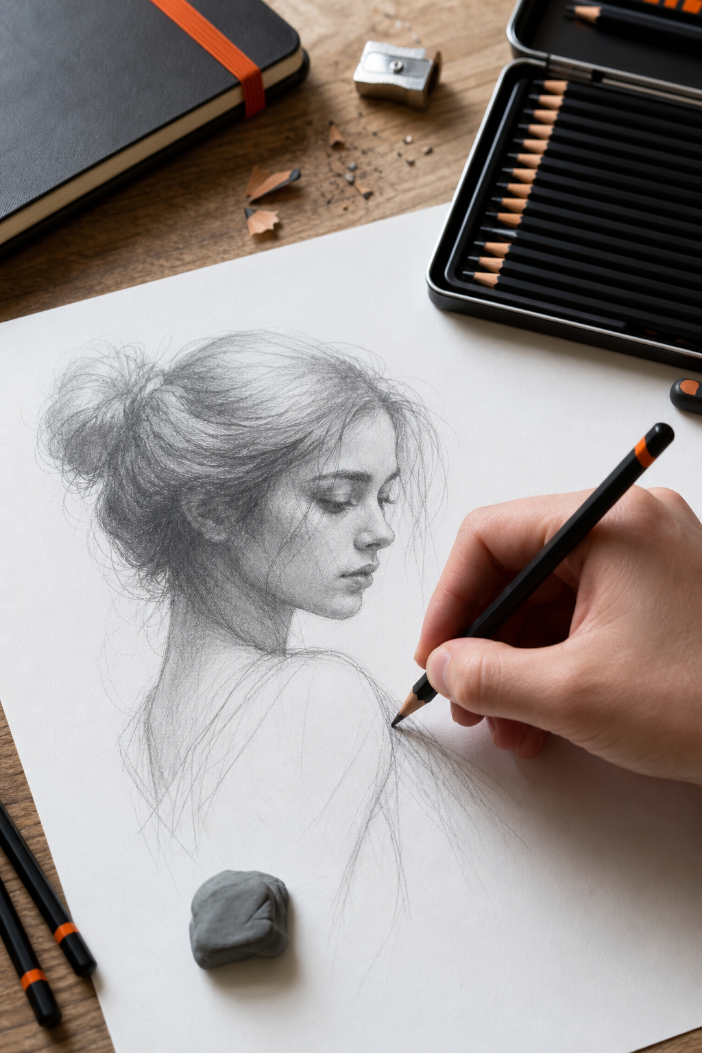 A realistic close‑up of an artist’s hand sketching on a bright white Bristol board, the graphite line gliding smoothly, with a soft natural light highlighting the paper texture. Alt: Professional Graphite Pencil Set on smooth paper
