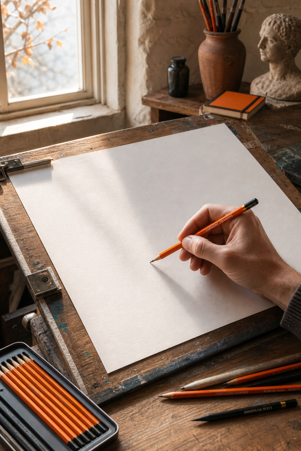 A photorealistic scene of an artist’s studio with a wooden drafting table, a sheet of hot‑pressed paper, and a hand holding a premium professional artist pencil, light streaming from a window highlighting the smooth paper texture. Alt: Premium professional artist pencil on smooth paper