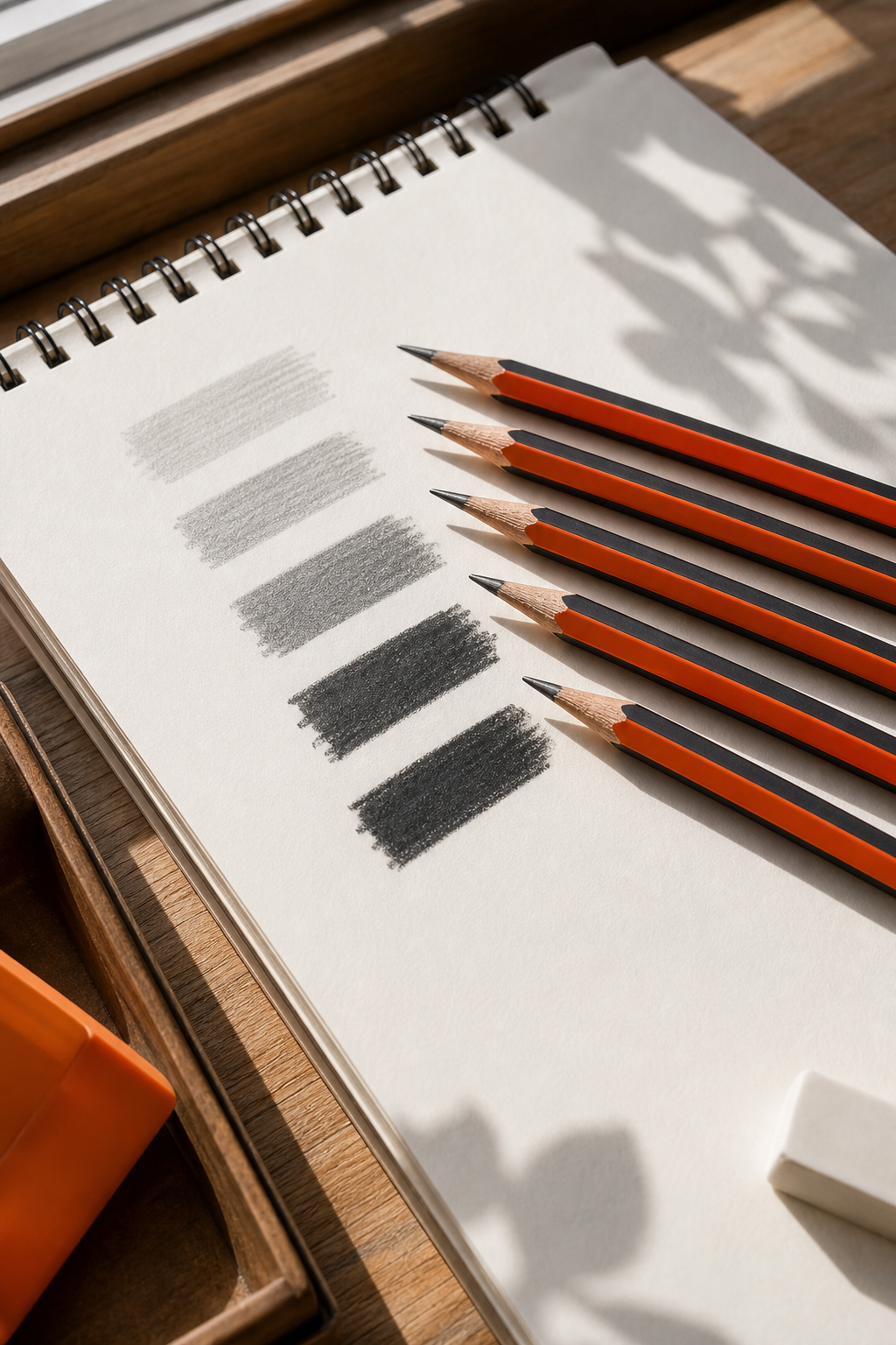 A photorealistic flat lay of various graphite drawing pencils of different grades (2H, HB, 2B, 4B, 6B) arranged on a white sketchpad, with natural sunlight from a window. Alt: Graphite drawing pencils of various grades laid out on a sketchpad for selecting the best drawing pencils under $10.
