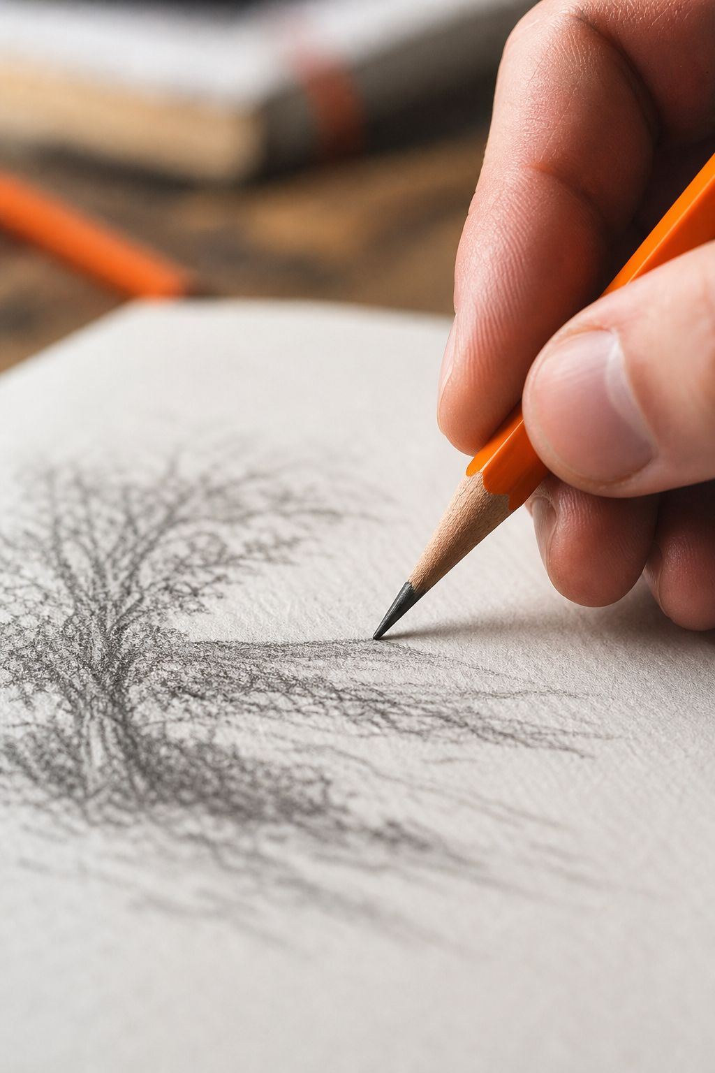 A close-up of a hand holding a graphite pencil, with the lead tip touching a textured paper surface, showing the smooth line quality. Alt: Hand holding a graphite pencil drawing on paper, assessing build quality and smoothness for best drawing pencils under $10.