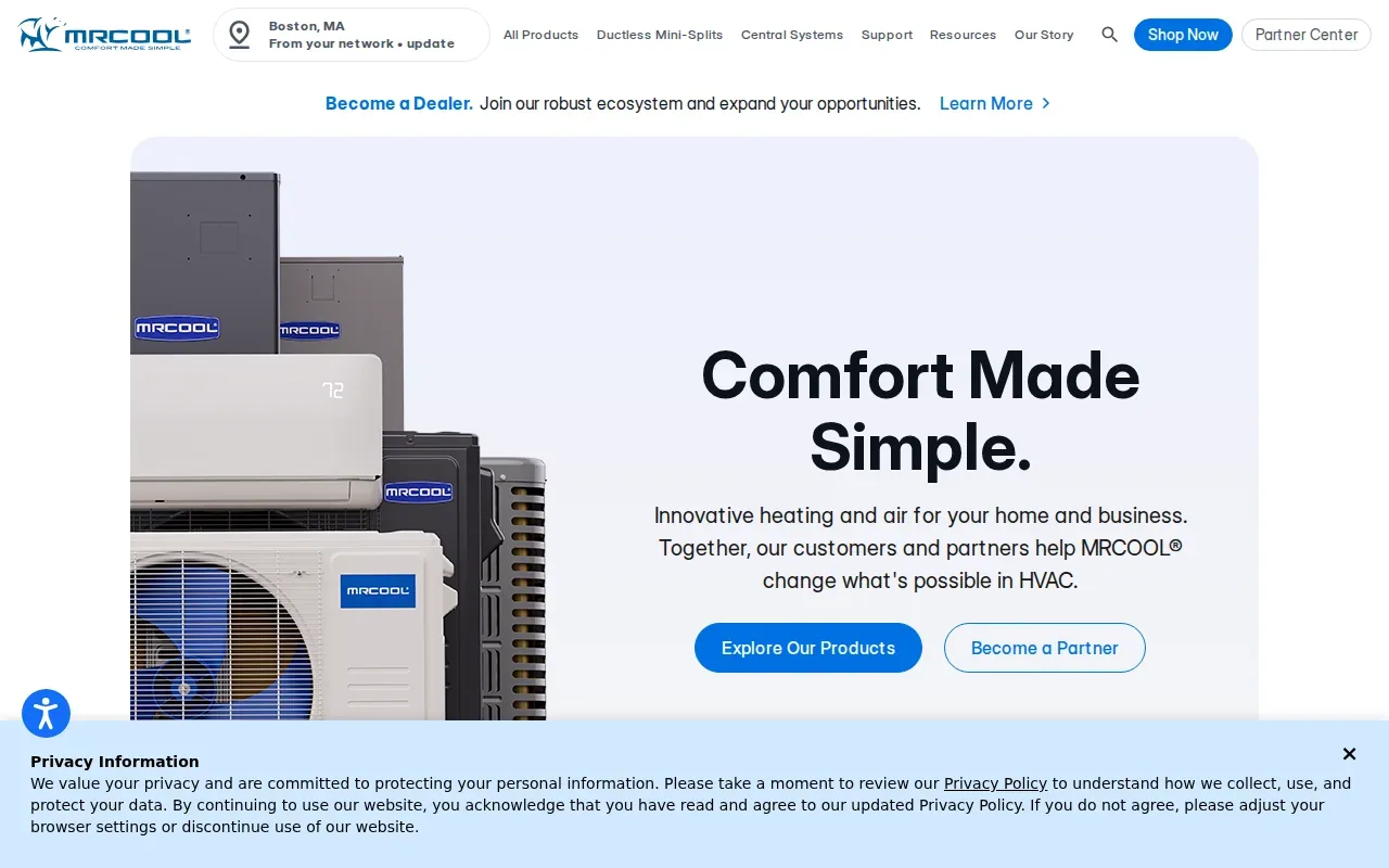 Screenshot of the MRCOOL website