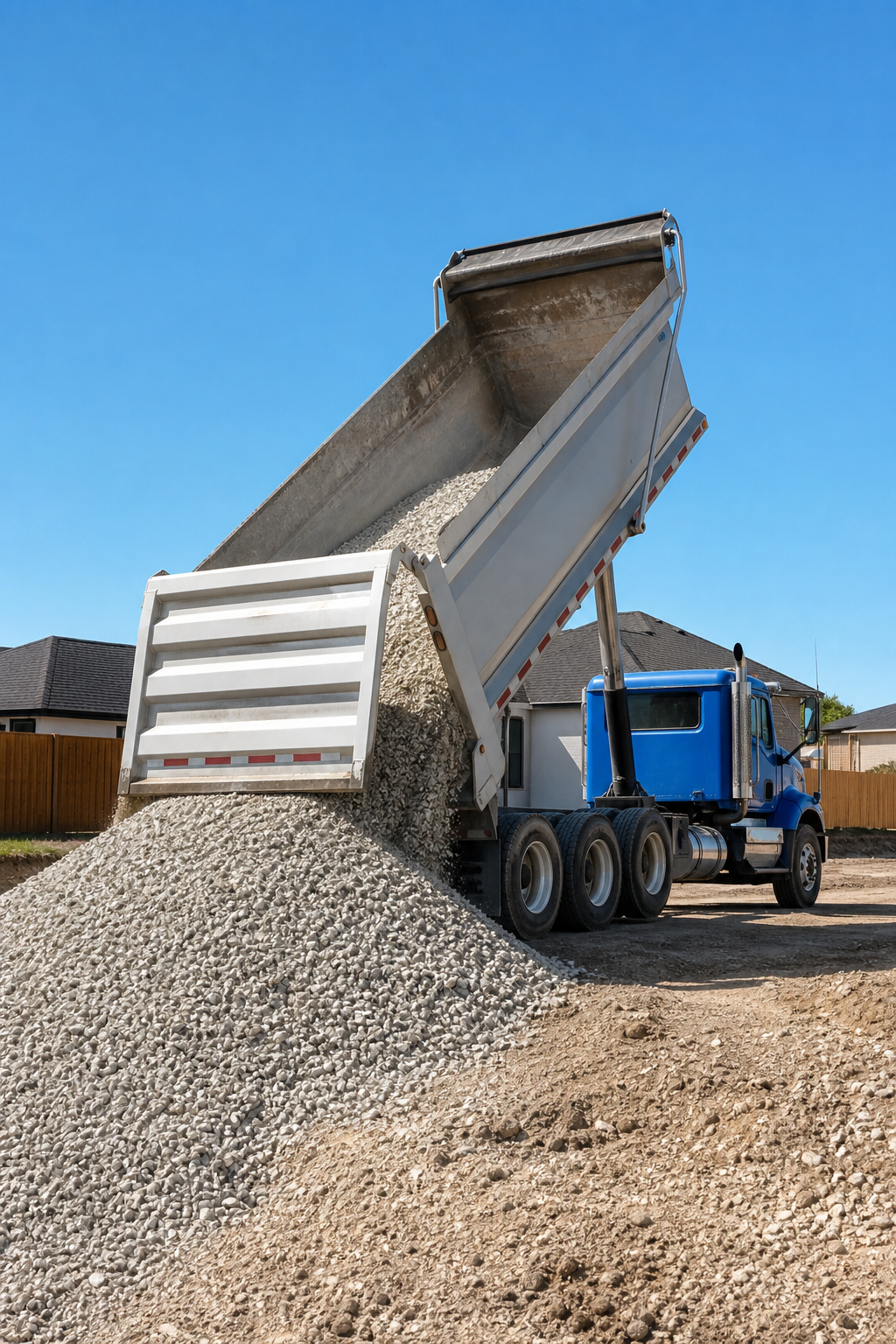 A photorealistic shot of a dump truck unloading crushed limestone at a residential construction site in San Antonio, Texas, with a clear blue sky and a pile of aggregate in the foreground. Alt: Dump truck delivering crushed limestone in San Antonio by O'Leary Development Group