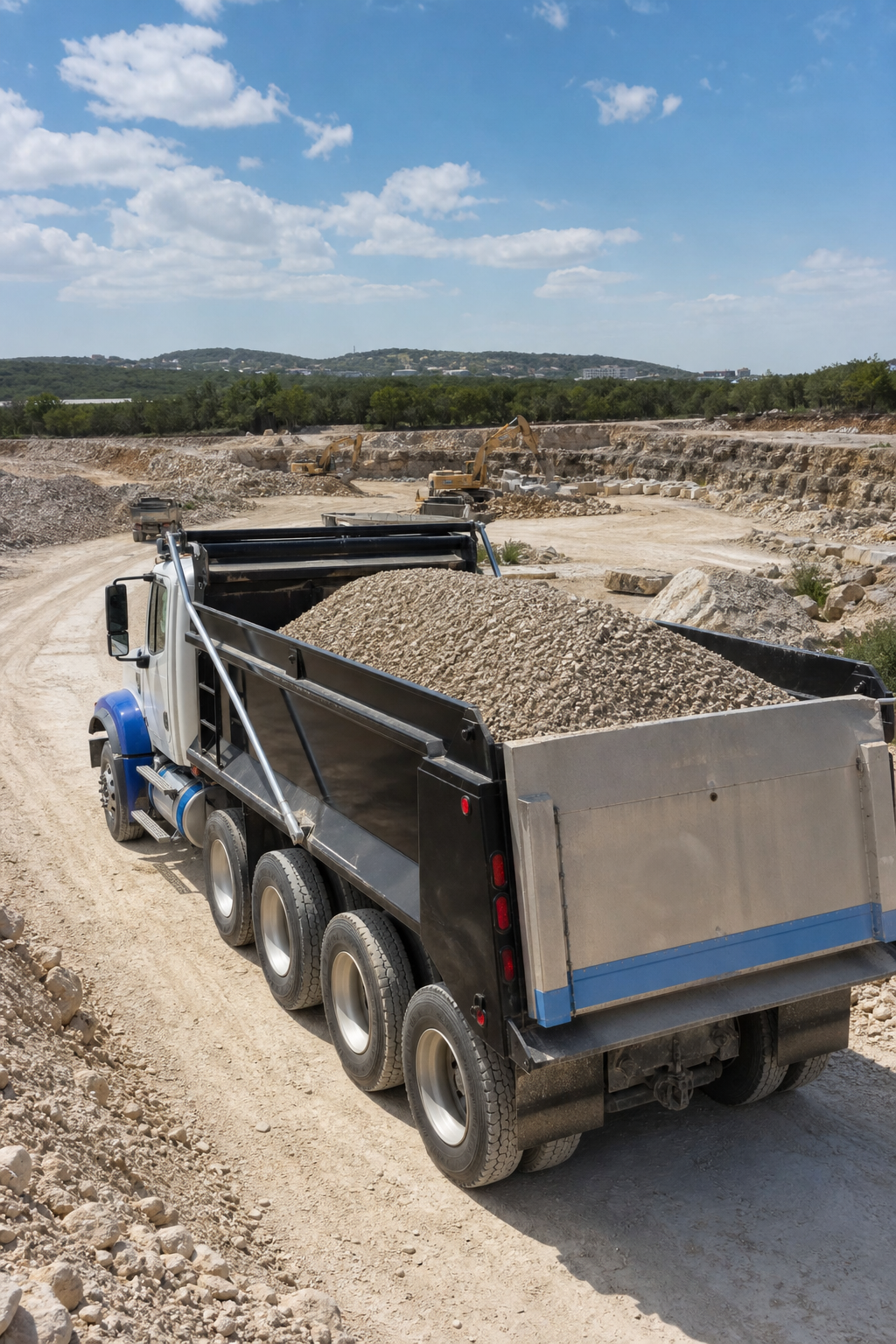 A photo of a dump truck loaded with gravel at a quarry, with a construction site in the background in the Texas hill country. Alt: Large fleet dump truck loaded with gravel for San Antonio construction projects