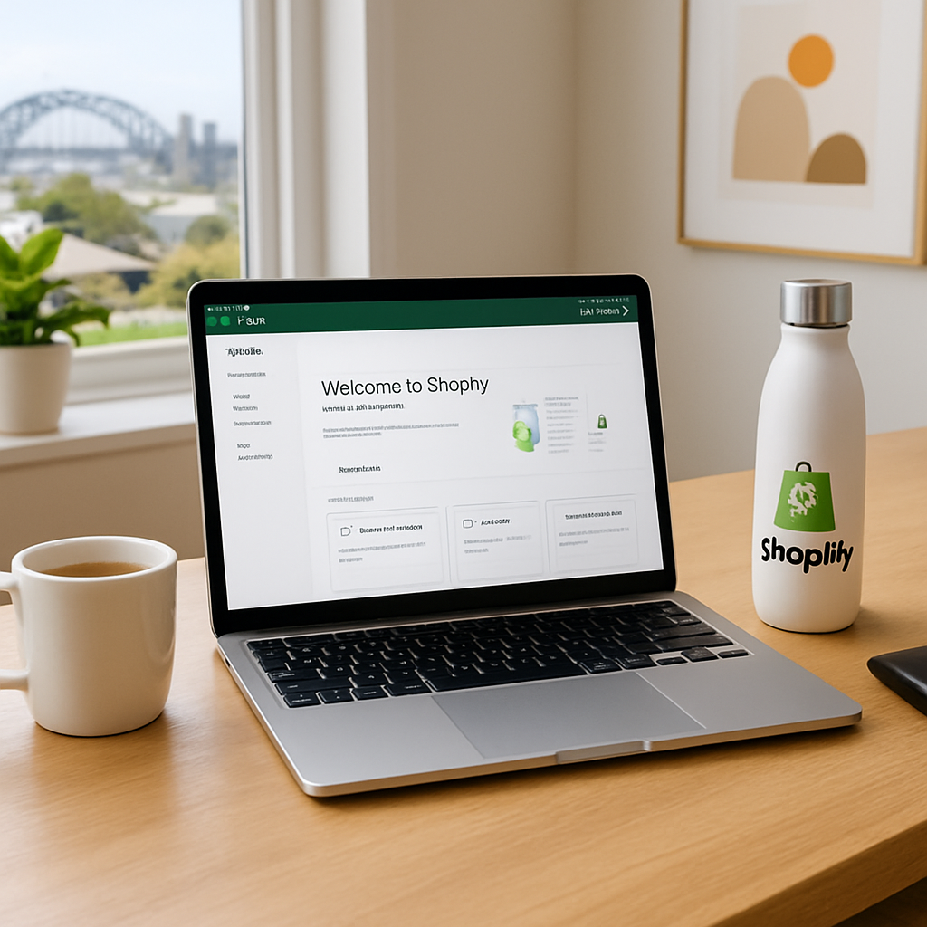 A bright, modern home office with a laptop displaying a Shopify dashboard, a cup of coffee, and a custom‑branded water bottle on the desk. Alt: Shopify easy setup for Australian small business ecommerce platform.