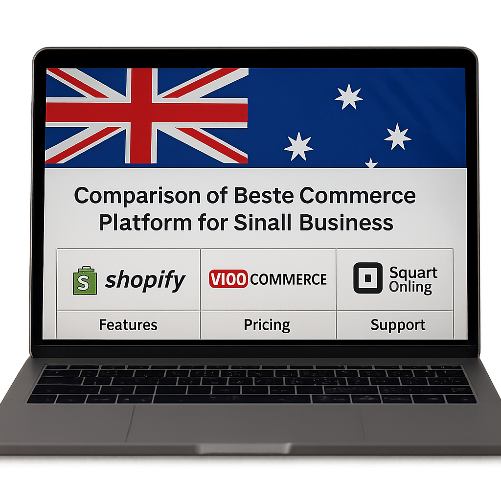 A side‑by‑side comparison table on a laptop screen, showing Shopify, WooCommerce and Square Online logos with an Australian flag background. Alt: Comparison of best ecommerce platform for small business features pricing support.