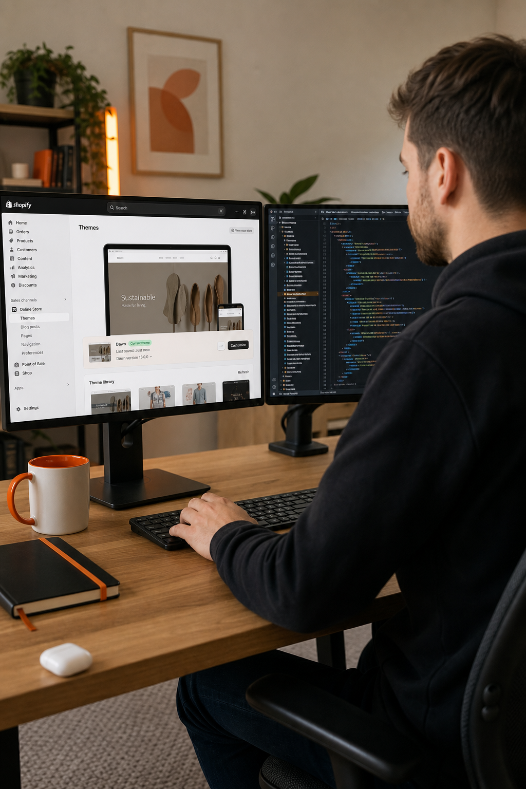 A photorealistic shot of a developer sitting at a dual-monitor setup, with Shopify admin panel visible on one screen and code editor on the other. The scene shows a clean, modern workspace with a coffee mug. Alt: Developer coding a Shopify store with admin panel and code editor.