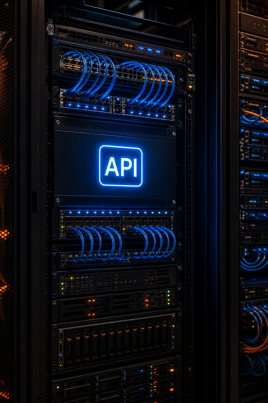 A photorealistic image of a server rack with glowing blue cables, representing a modern headless commerce infrastructure. The scene shows network switches and servers, with a subtle