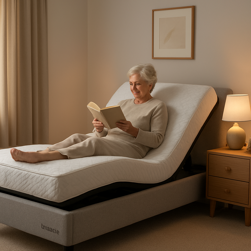 A photorealistic scene of a modern Australian bedroom featuring the DreamRest Electric Adjustable Bed in a neutral colour palette, a soft bedside lamp casting warm light, and an elderly person comfortably reading a book in a gentle incline position. Alt: Best electric adjustable bed australia – budget-friendly DreamRest model.
