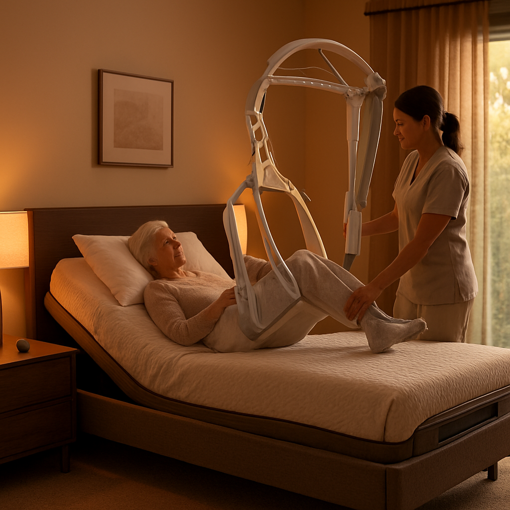 A photorealistic scene of a modern Australian bedroom featuring the Aurora Elite Electric Adjustable Bed with ambient amber lighting, a caregiver gently lifting an elderly person using the full‑body hi‑lo lift, and a sleek wireless remote on the nightstand. Alt: Luxury Aurora Elite electric adjustable bed in an Australian home setting.