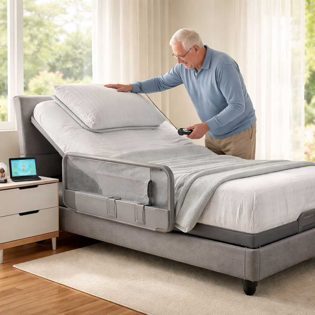 A photorealistic scene of a senior gently adjusting the head of Brand X electric adjustable bed in a bright Australian bedroom, with soft natural light filtering through curtains, a non‑slip rug on polished hardwood floor, and a sleek bedside table holding a remote and a tablet displaying health data from a wellness app. Alt: senior using adjustable bed with safety features.