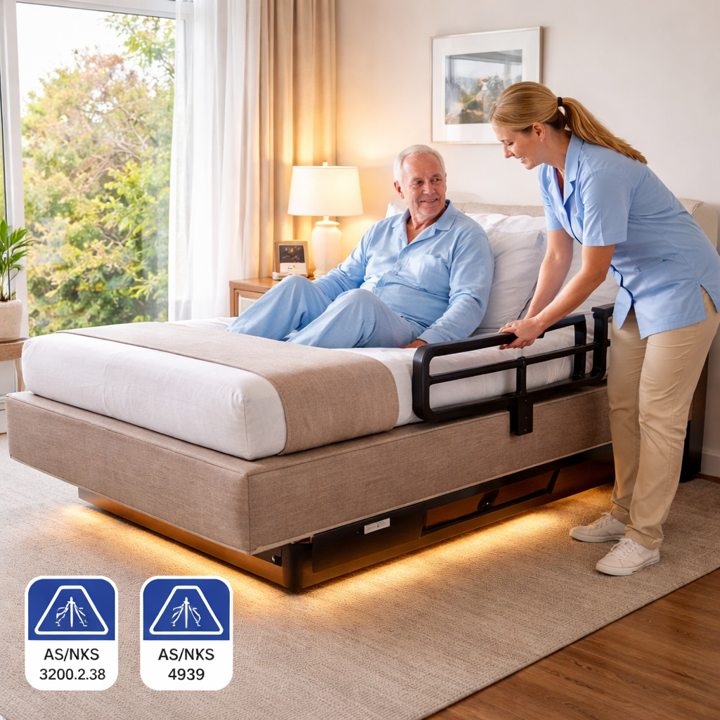A photorealistic scene of a senior in an Australian bedroom, the adjustable bed showing certified AS/NZS badges on the frame, soft under‑bed LED lighting, a low‑pile non‑slip rug, and a caregiver testing the side‑rail lock. Alt: Senior‑friendly electric adjustable bed meeting Australian safety standards.