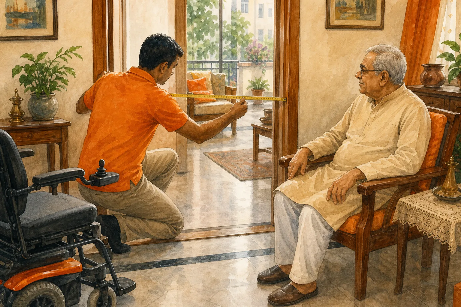 Measuring an Indian home doorway and checking space for an older adult’s electric wheelchair.