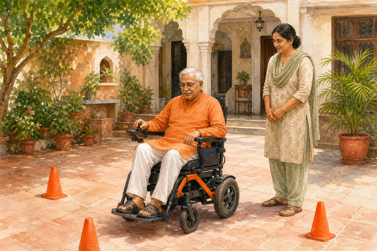 Senior practising safe electric wheelchair controls in an Indian home courtyard.