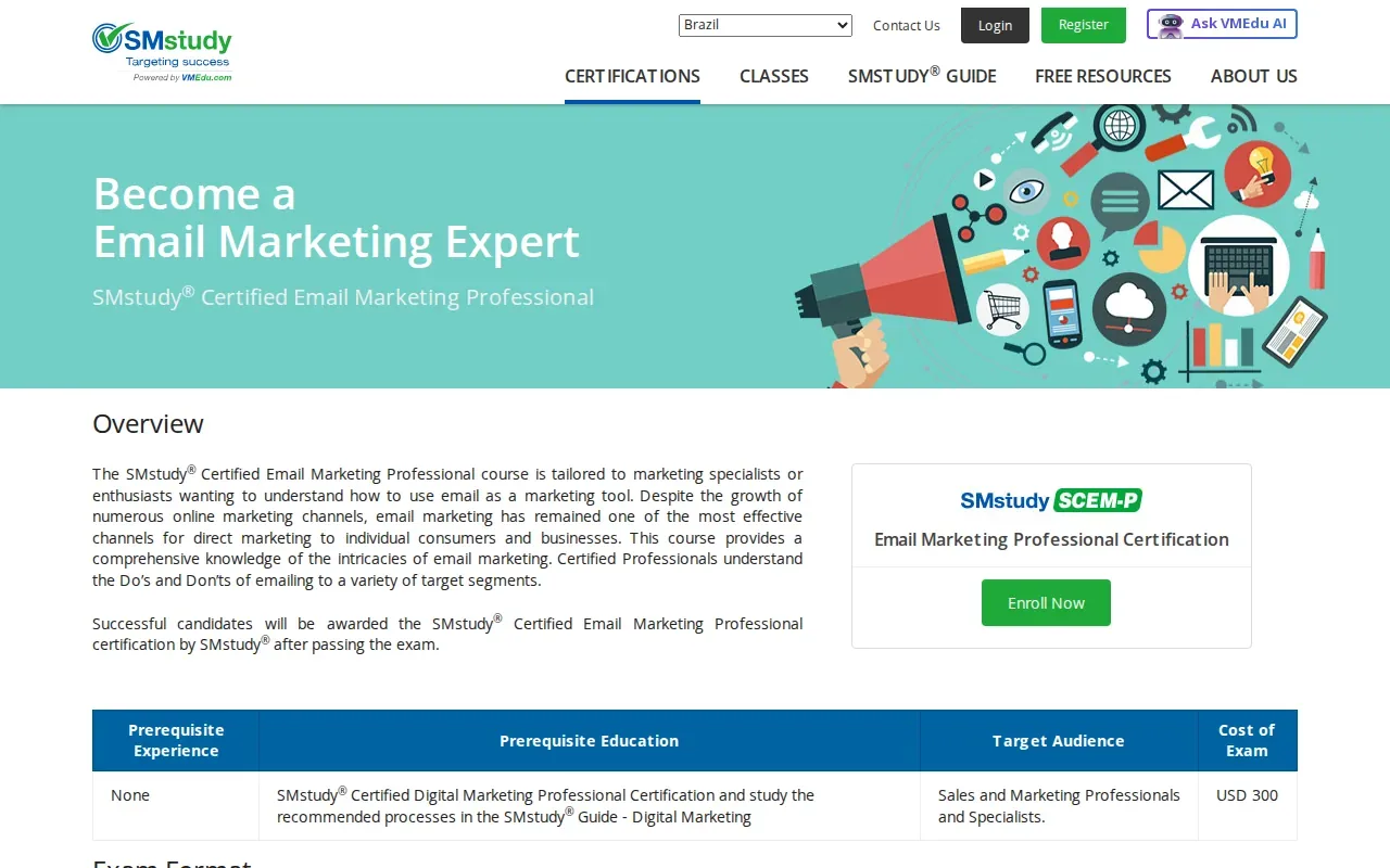 Screenshot of the SMstudy Email Marketing Certification website