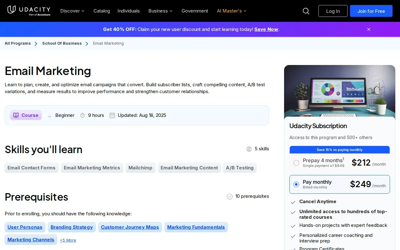 Screenshot of the Email Marketing Course by Udacity website