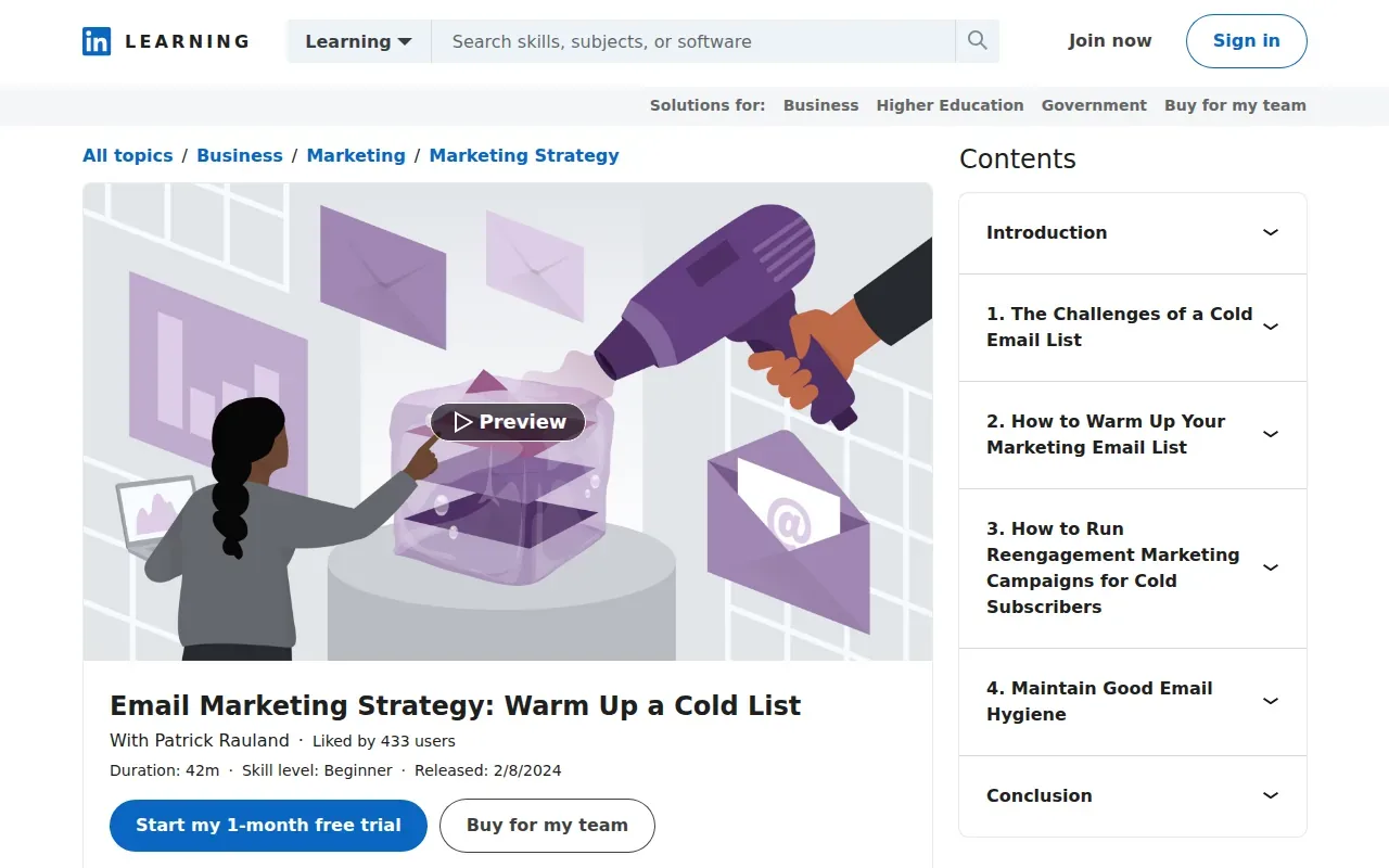 Screenshot of the Email Marketing Strategy Warm Up a Cold List by LinkedIn Learning website