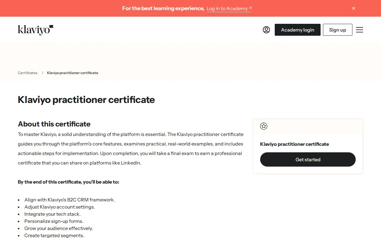 Screenshot of the Klaviyo Product Certificate website