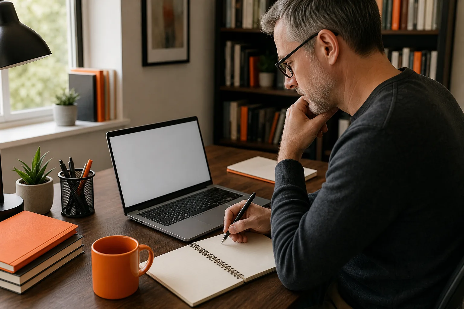 author writing email newsletter subject lines at a desk
