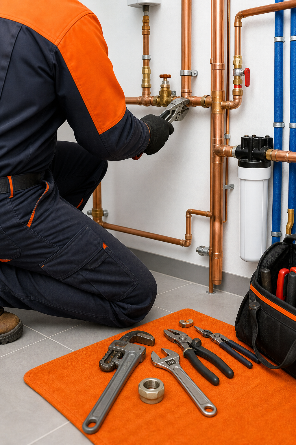 A professional plumber kneeling beside modern copper piping in a clean residential utility room, tools laid out on an orange mat, white walls with blue pipe accents, no faces visible, editorial realism style. Alt: Primewest Plumbing emergency plumber repairing pipes in an Orange County home.