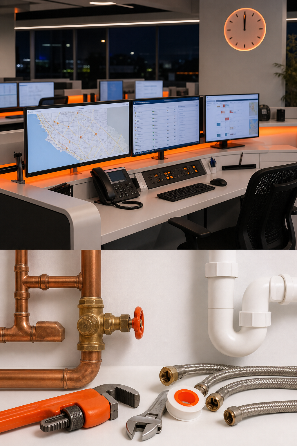 A clean white dispatch console showing a plumbing service call dashboard with orange accent lighting and a clock showing midnight, no faces, no phone numbers, professional editorial realism. Alt: 24/7 emergency plumbing dispatch center serving Orange County.