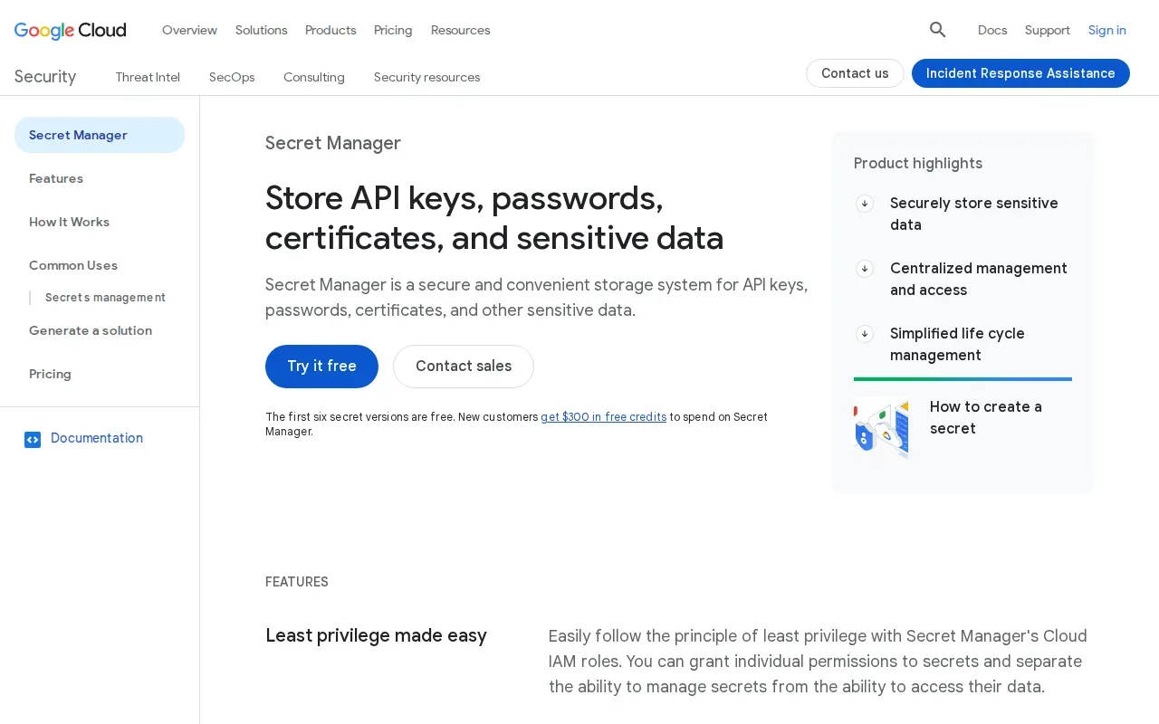 Screenshot of the Google Cloud Secret Manager website