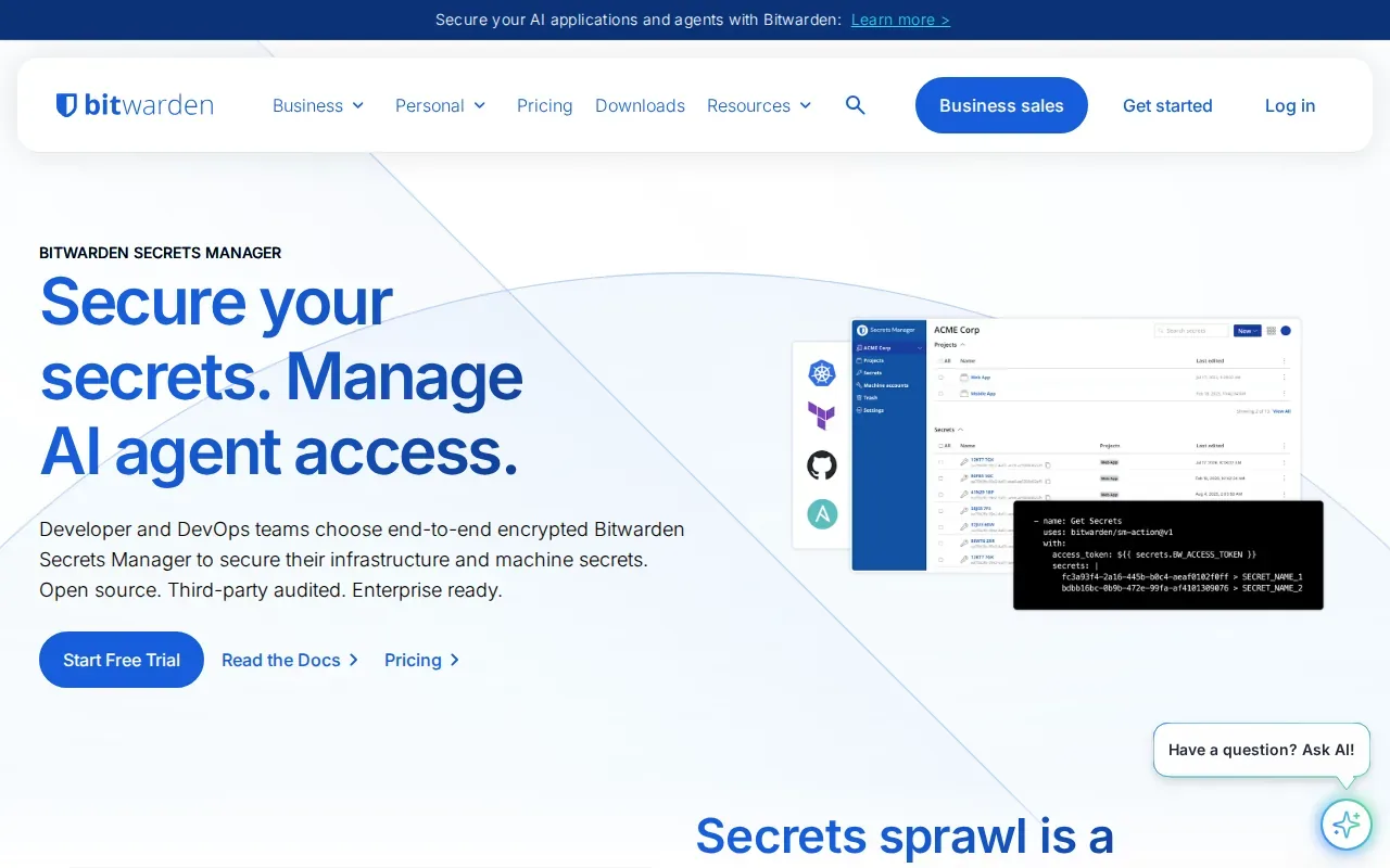 Screenshot of the Bitwarden Secrets Manager website