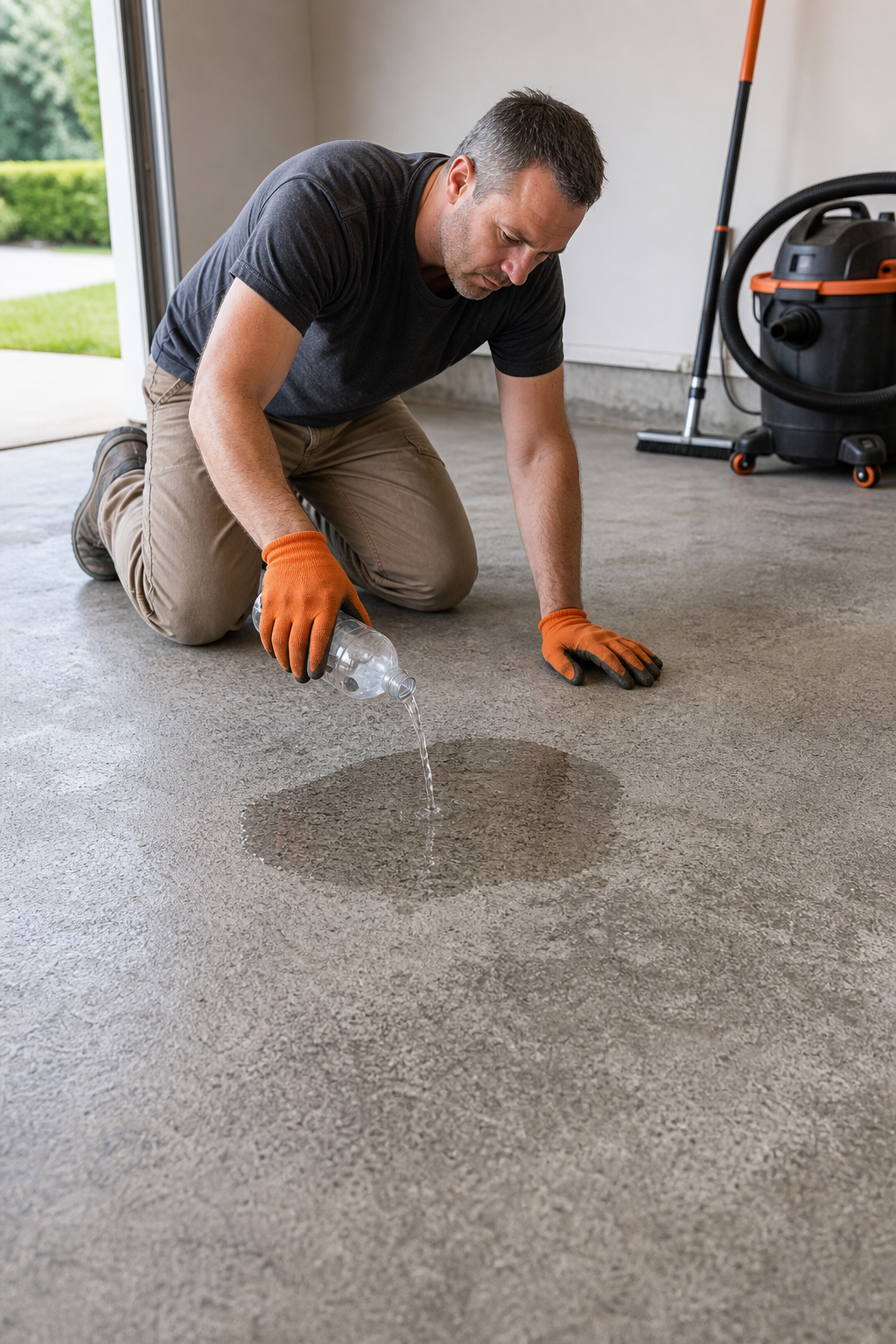 A photorealistic scene of a person kneeling on a concrete garage floor, pouring a small amount of water onto the surface to test absorption, with natural garage lighting and tools nearby. Alt: testing garage floor concrete absorption before epoxy coating application.
