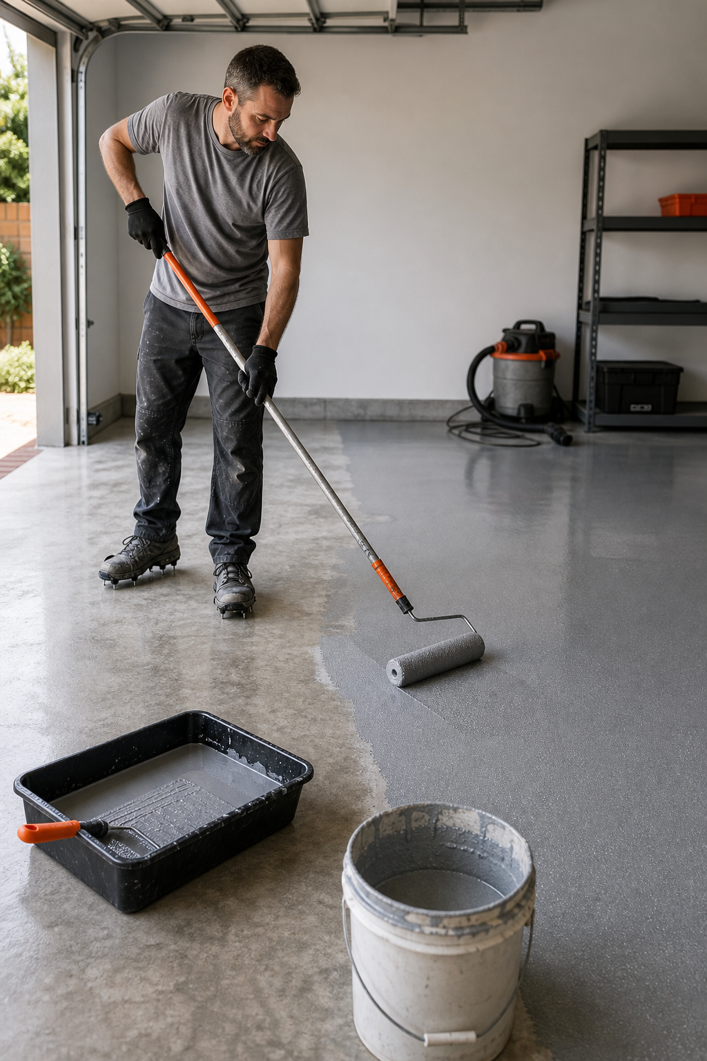 A photorealistic scene of a person in work clothes rolling epoxy coating onto a concrete garage floor using a long-handled roller, with a freshly coated section visible and tools laid out nearby. Alt: applying epoxy base coat to a garage floor with a paint roller for even coverage.