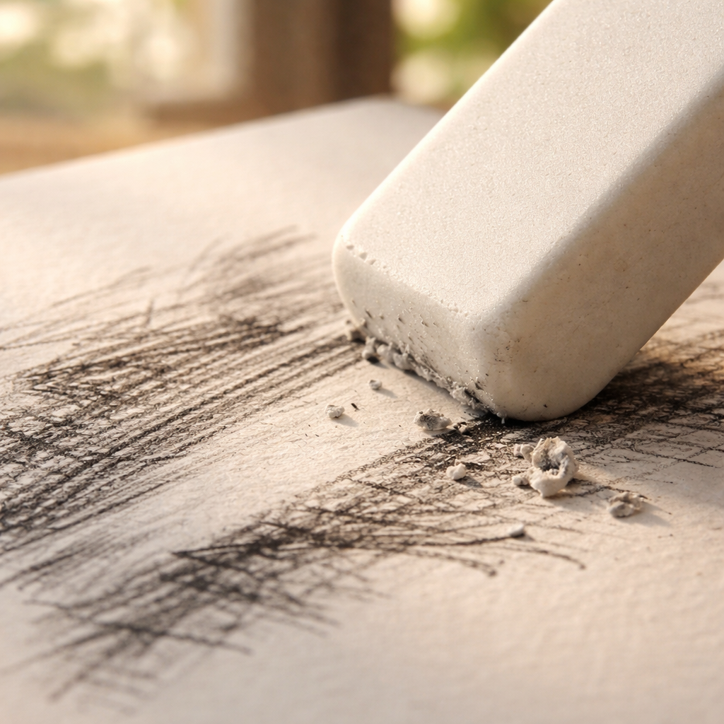 A photorealistic close‑up of a soft vinyl eraser gently lifting graphite from a textured sketch paper, with subtle Indian daylight filtering through a studio window. Alt: Soft vinyl eraser lifting graphite on sketch paper, realistic style.