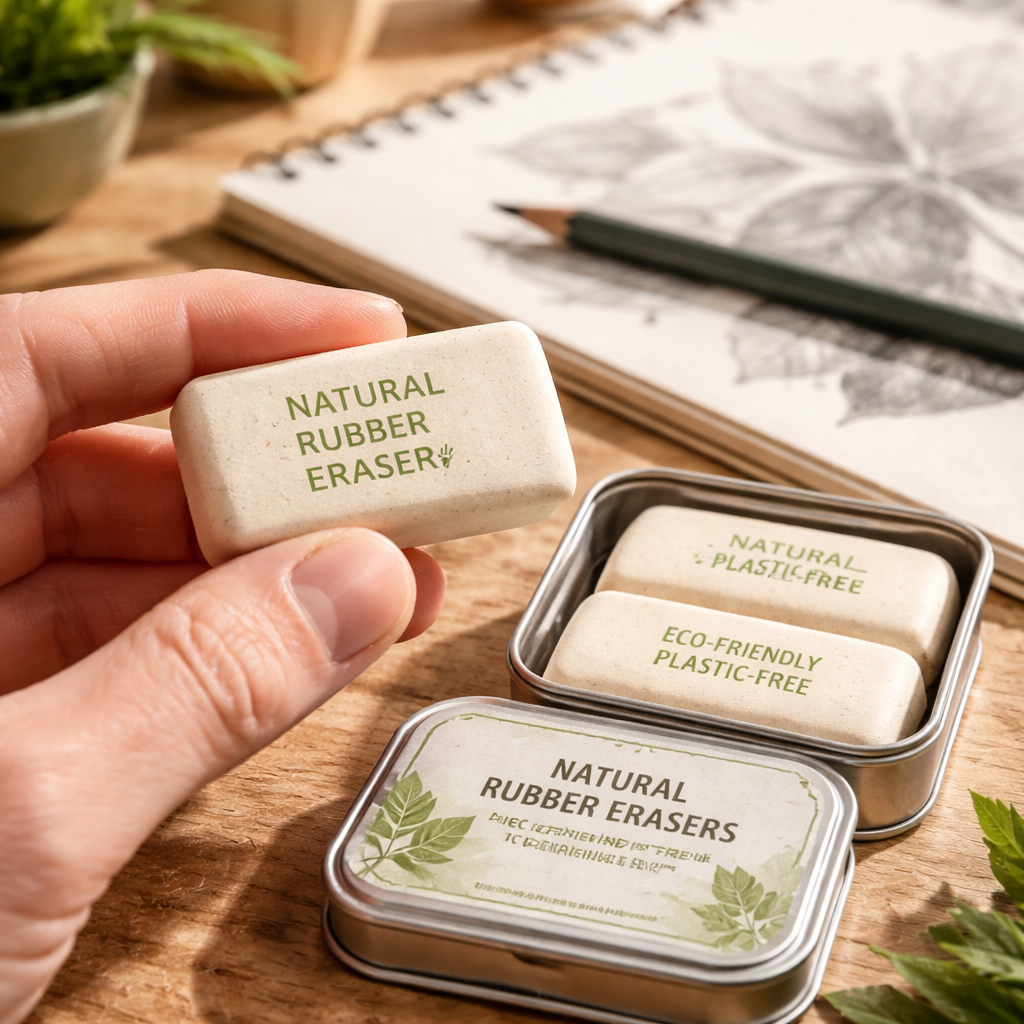 A photorealistic close‑up of a hand holding a natural‑rubber eraser beside a reusable metal tin, with graphite sketch paper and a pencil in the background, realistic lighting highlighting the texture of the eraser, Alt: Eco‑friendly erasers for graphite pencils in a sustainable studio setting.