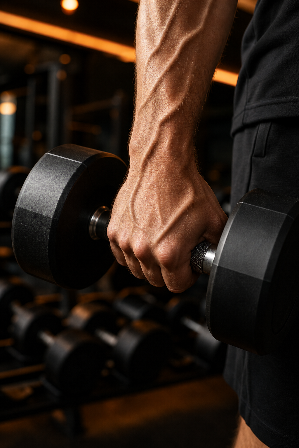 A close-up of a man's hand holding a dumbbell, with a blurred background of a gym, representing maximum strength and performance. Alt: Man holding dumbbell for strength and hardness