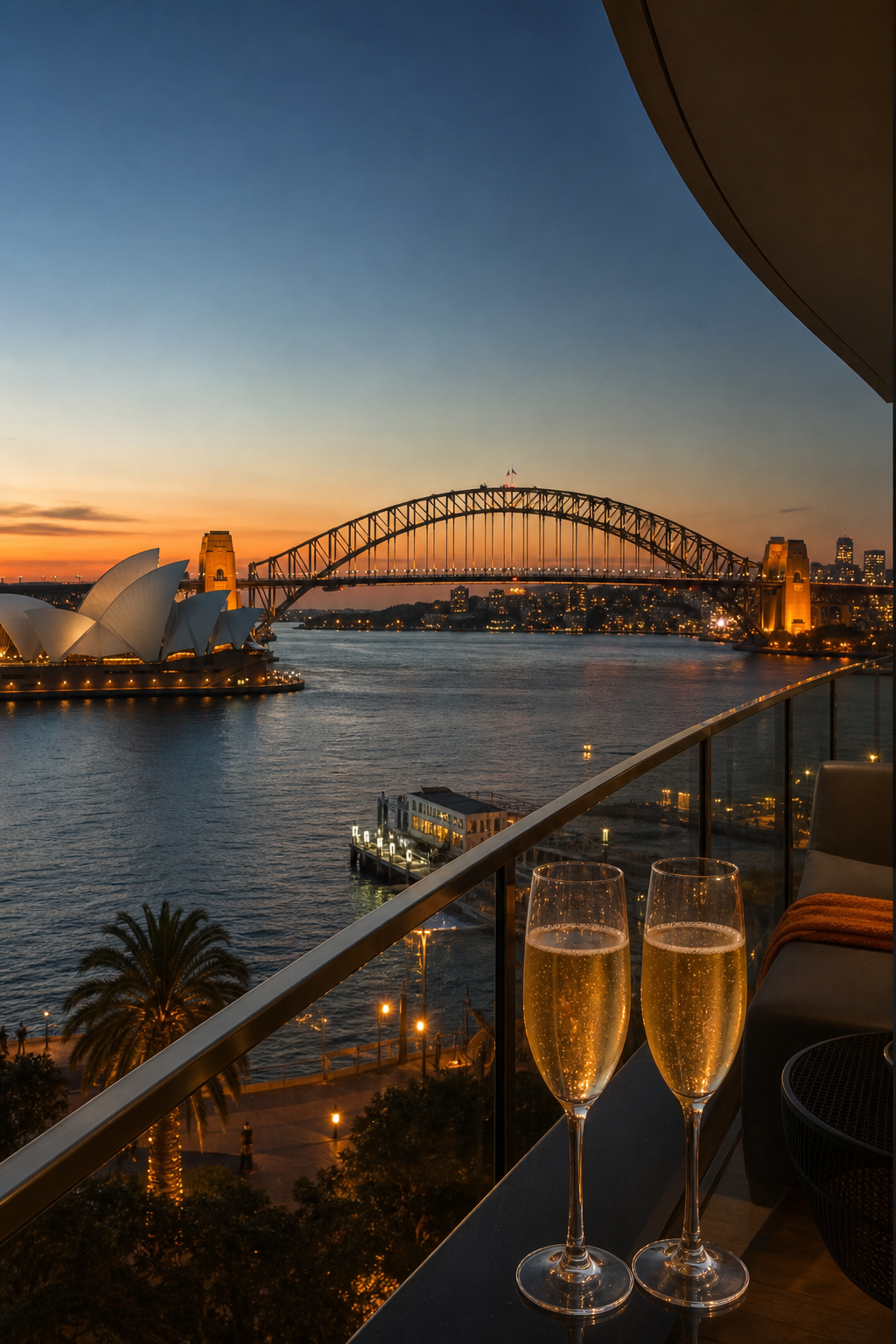 A photorealistic wide-angle shot of Sydney Harbour at dusk from a luxury hotel balcony, champagne glasses on the railing with the Opera House and Harbour Bridge lit in the background, warm amber tones, no people visible, no text or phone numbers. Alt: Sydney Harbour at dusk viewed from a luxury hotel balcony, representing high-end companionship in Sydney.