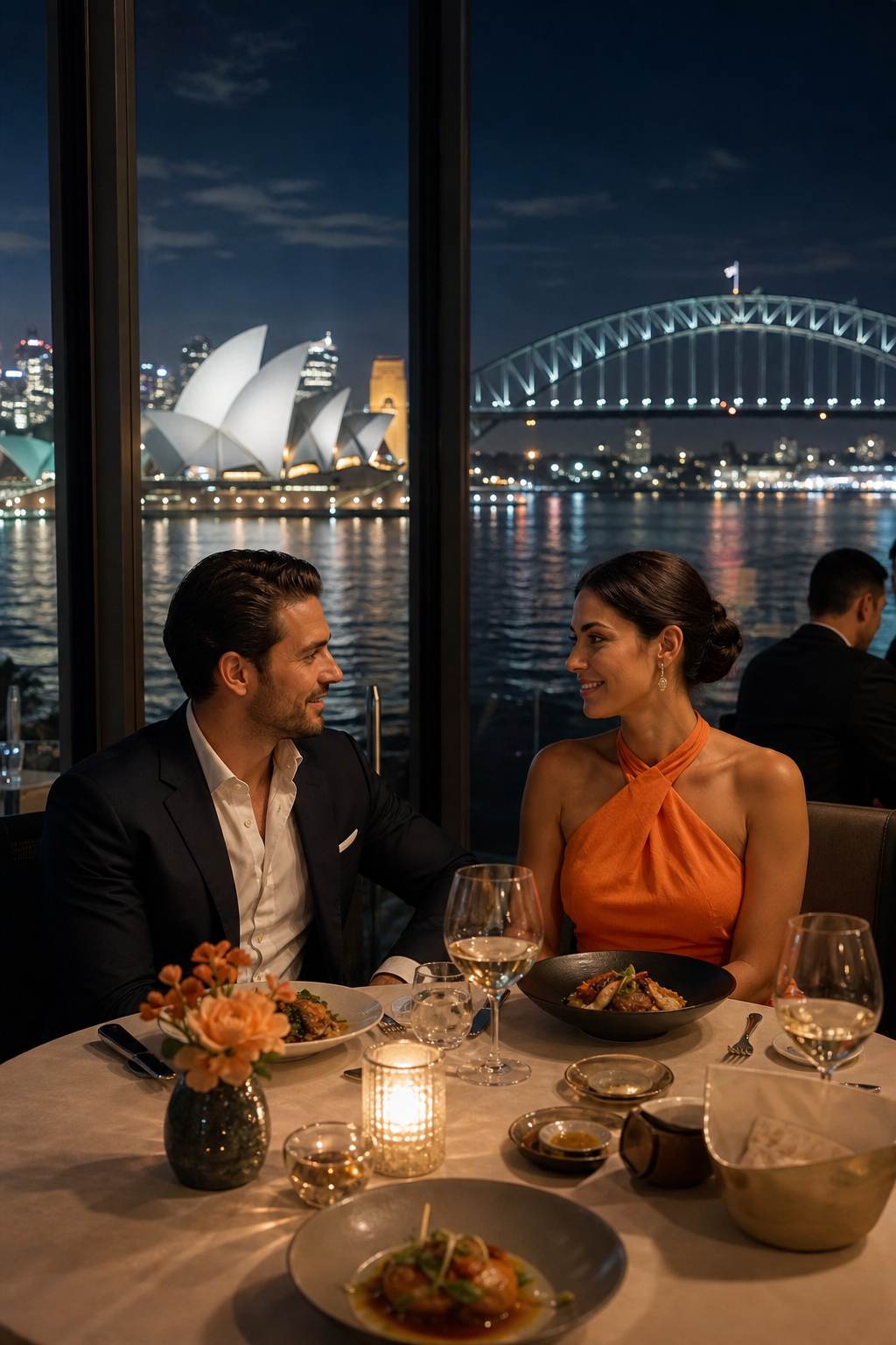 A photorealistic scene of a sophisticated couple at an upscale Sydney restaurant with floor-to-ceiling harbour views, the woman in elegant evening attire, city lights reflecting on the water outside, warm interior lighting, no readable text or phone numbers visible. Alt: Luxury dinner companionship experience in Sydney for international visitors.