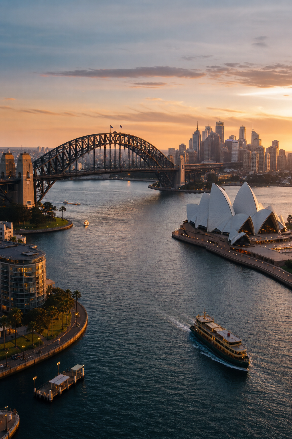 A photorealistic aerial view of Sydney Harbour at dusk, golden light reflecting off the water, the Opera House and Harbour Bridge framing a sophisticated cityscape, captured with a luxury travel editorial feel. Alt: Sydney Harbour at dusk , best escort agency Sydney luxury experience.