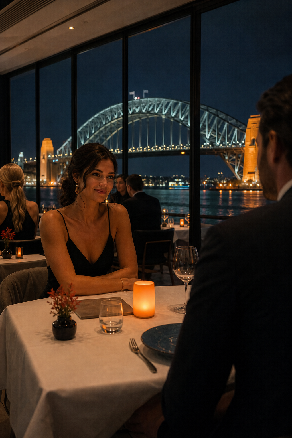 A photorealistic scene inside a sophisticated Sydney harbourside restaurant at night , soft candlelight, elegant table settings, floor-to-ceiling windows with the illuminated Harbour Bridge visible outside, evoking a premium dinner companion experience. Alt: Sydney harbourside fine dining , high-end dinner companion agency Sydney.