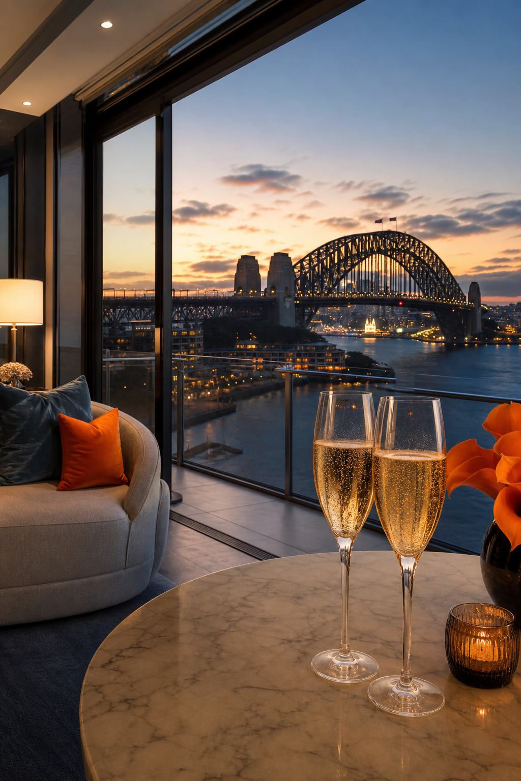 A photorealistic scene of the Sydney Harbour Bridge at sunset, with a luxurious penthouse interior in the foreground, featuring a couple in elegant evening wear sharing champagne. Alt: Luxury escort experience with Sydney Harbour view.